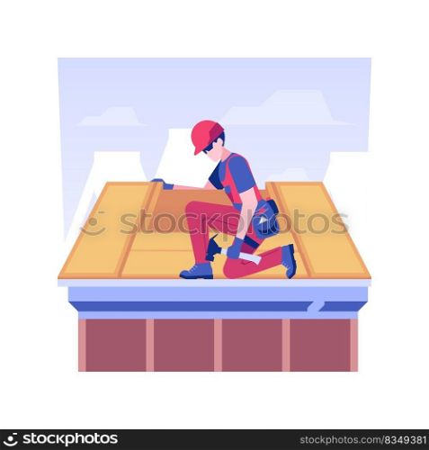 Roof sheathing isolated concept vector illustration. Professional builders sheathing a roof with OSB, residential area construction, private house building process, make a cover vector concept.. Roof sheathing isolated concept vector illustration.