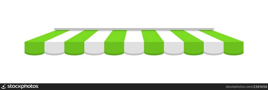 Roof shop. Awning on cafe. Tent of marketplace. Green-white stripe canopy for store or market. Striped sunshade for restaurant, circus and marquee. Parasol on white background. Vector.
