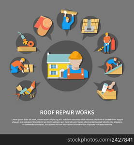 Roofer flat flyer with roof repair works description and colored colored icon set vector illustration. Roofer Flat Flyer