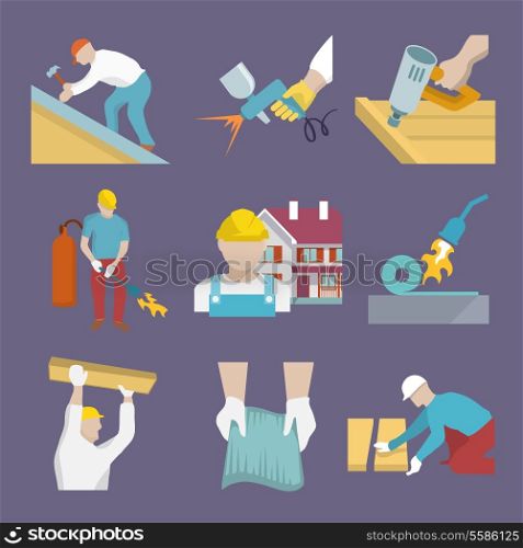 Roofer profession house improvement flat icons set isolated vector illustration