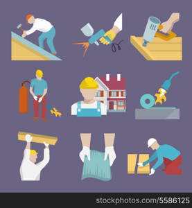 Roofer profession house improvement flat icons set isolated vector illustration
