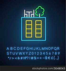 Rooftop deck neon light icon. Panoramic terrace. Luxurious penthouse balcony. Garden space on roof. Sky park lounge zone. Glowing sign with alphabet, numbers and symbols. Vector isolated illustration