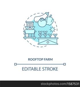 Rooftop farm concept icon. Futuristic gardening options. City buildings rooftops food fields. Urban farming idea thin line illustration. Vector isolated outline RGB color drawing. Editable stroke. Rooftop farm concept icon