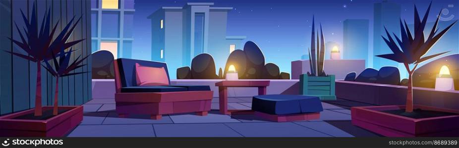 Rooftop garden, building terrace with plants and furniture at night. Vector cartoon illustration of modern patio on house roof or balcony with bushes, trees, l&s, table and chairs for relax. Rooftop garden, terrace with plants at night