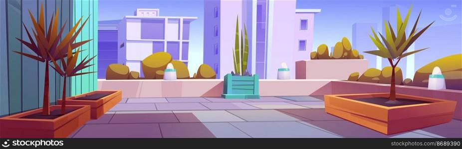 Rooftop garden, urban outdoor terrace on building roof with green plants in wooden boxes with soil. Modern patio with cityscape view, city recreational place on house top, Cartoon vector illustration. Rooftop garden, urban outdoor terrace on roof
