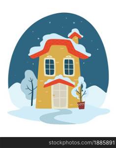 Rooftop of house covered with snow, winter landscape of rural area. Calm scene of cottage or chalet. Architecture of building in countryside. Mansion with decorative plant in pot, vector in flat style. Winter landscape at night, house covered with snow