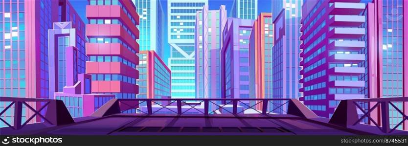 Rooftop terrace with view of city buildings and skyscrapers. Empty roof or balcony above city street with background of downtown landscape, vector cartoon illustration. Rooftop terrace with view of city buildings