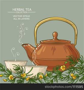 rooibos tea in teapot and tea bowls. rooibos tea in teapot and tea bowls on color background