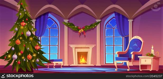 Room at Christmas night, empty home interior with burning fireplace, decorated fir tree with toys and glowing garlands, classic furniture and large arched windows, Xmas eve Cartoon vector illustration. Room at Christmas night, empty home interior, xmas