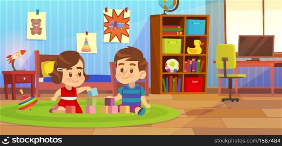 Room boy. Kids playing in bedroom apartment, child sitting on carpet with friend, toys in family playroom, home nursery furniture, kindergarten or preschool concept flat cartoon vector illustration. Room boy. Kids playing in bedroom apartment, child sitting on carpet with friend, toys in playroom, home nursery furniture, kindergarten or preschool concept cartoon vector illustration