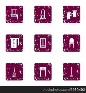 Room cleaning icons set. Grunge set of 9 room cleaning vector icons for web isolated on white background. Room cleaning icons set, grunge style