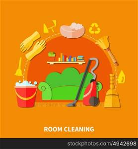Room Cleaning Round Composition. Colorful background with living room furniture and cleaning tools flat decorative icons and silhouette signs composition vector illustration