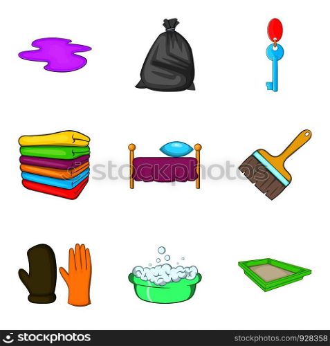 Room cleaning service icon set. Cartoon set of 9 room cleaning service vector icons for web design isolated on white background. Room cleaning service icon set, cartoon style