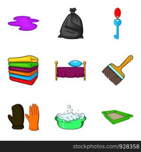 Room cleaning service icon set. Cartoon set of 9 room cleaning service vector icons for web design isolated on white background. Room cleaning service icon set, cartoon style