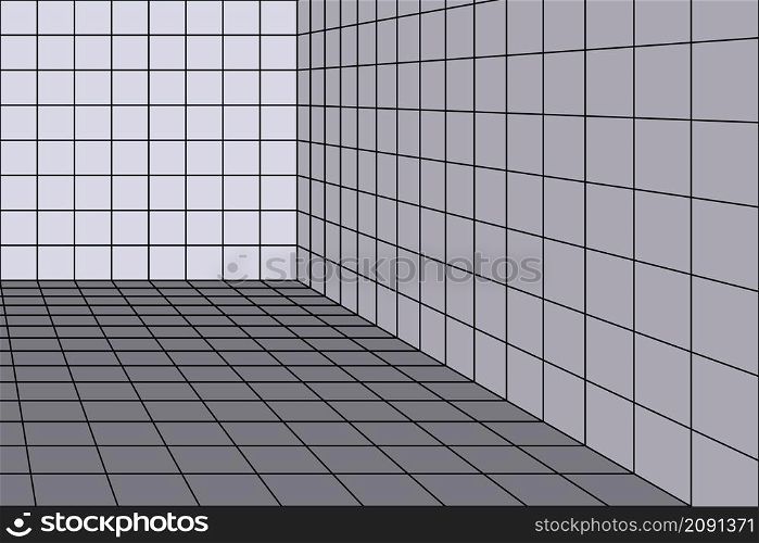 Room corner with 3d perpective grid. Wireframe lines, tile background for interior design. bathroom or kitchen corner layout, perpective view Walls and floor. Vector illustration