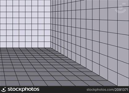 Room corner with 3d perpective grid. Wireframe lines, tile background for interior design. bathroom or kitchen corner layout, perpective view Walls and floor. Vector illustration