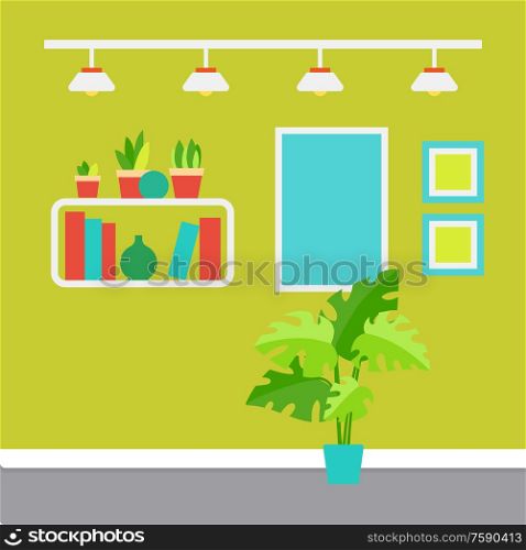 Room decor vector, shelves with printed books and house plants. Contemporary interior of place with lamps and pictures on frames. Monstera in pot. Modern Room Interior with Plants in Pots Shelves
