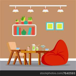 Room decorated wooden chair and big soft bag, fruit cocktails in glass, sweets and cup on table. 3D view of interior, shelf and pictures on wall vector. Design Interior, Table and Chair, Tablewear Vector