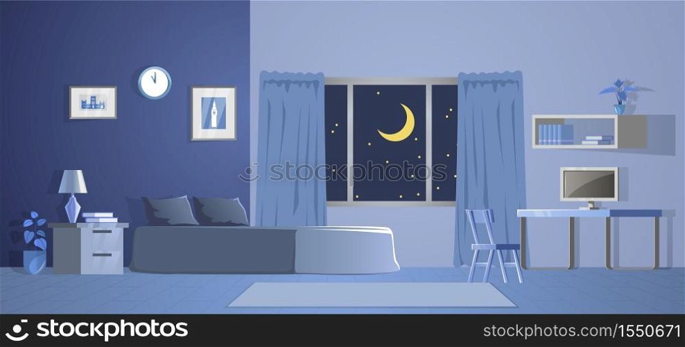 room decoration of bedroom with gradient design in night time,vector illustration