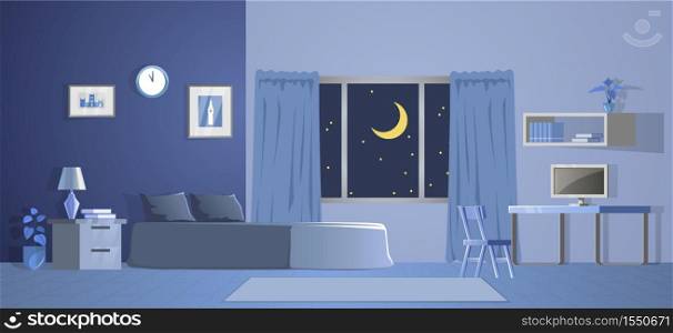 room decoration of bedroom with gradient design in night time,vector illustration