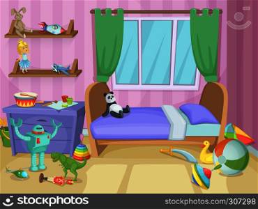 Room for kids with funny toys on the floor. Childrens playing. Vector illustration. Interior child room with toys, kids room. Room for kids with funny toys on the floor. Childrens playing. Vector illustration