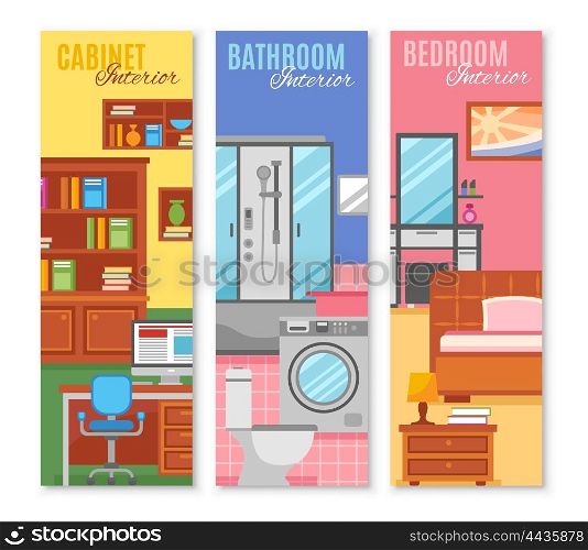 Room Furniture Banner Set. Three Vertical banners with abstract square shaped interior furniture vector illustration