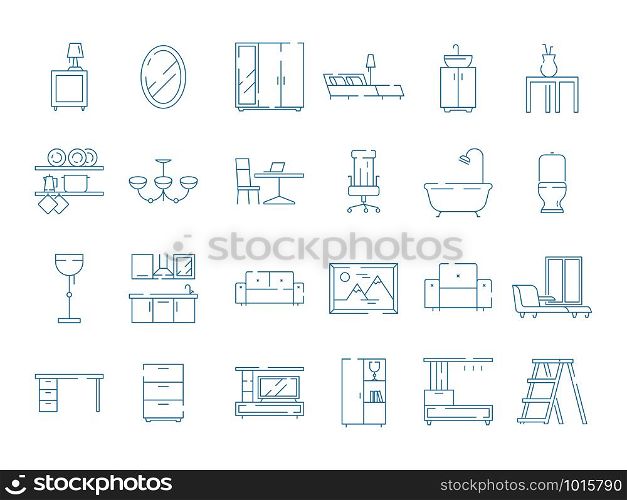 Room furniture icon. Bed table desk chair sofa vector thin symbols pictograms. Illustration of furniture table and sofa, chair and desk. Room furniture icon. Bed table desk chair sofa vector thin symbols pictograms