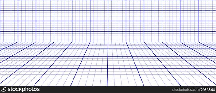 Room grid, 3d perspective view. Blue grid lines on white background, wireframe for interior design, wall and floor. Vector illustration