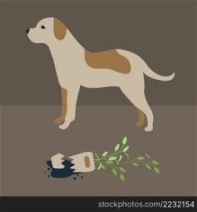room home from play dog. Chaos house fallen pot with flower,Destructive puppy play. Vector illustration