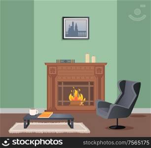 Room in green color of wallpaper with picture, fireplace decorated with book and candles . Armchair and coffee table with cup and notebook on rug vector. Room with Fireplace, Armchair and Table Vector