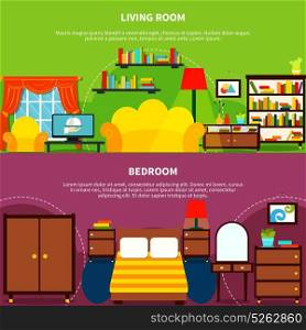 Room Interior Banners Set. Room interior horizontal banners set with bedroom and living room flat isolated vector illustration