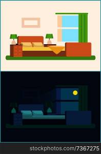 Room interior bedroom set at night and day, double bed with blankets, pillows on it, l&s on wooden chest of drawers collection vector illustration. Room Interior Bedroom Set Vector Illustration