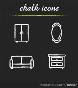 Room interior chalk icons set. Couch, wall mirror, closet and bedside table. Isolated vector chalkboard drawings. Room interior chalk icons set