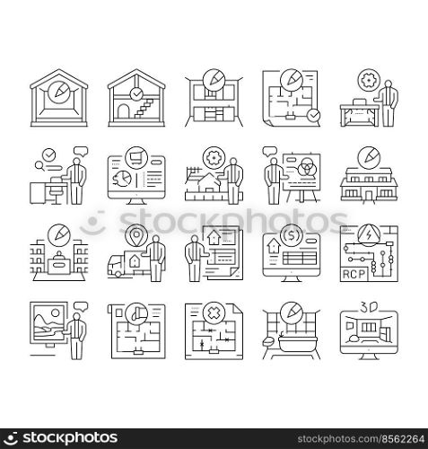 room interior design home modern icons set vector. furniture apartment, house sofa, wall decor, table l&, style couch, luxury window room interior design home modern black contour illustrations. room interior design home modern icons set vector