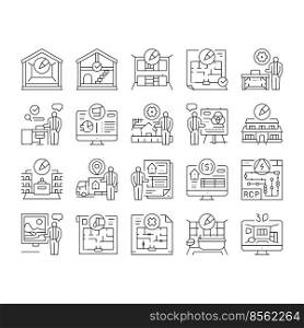 room interior design home modern icons set vector. furniture apartment, house sofa, wall decor, table l&, style couch, luxury window room interior design home modern black contour illustrations. room interior design home modern icons set vector