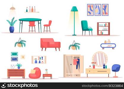 Room interior design isolated elements set. Bundle of stylish furniture, plants and decor of dining or living or dressing room, home library. Creator kit for vector illustration in flat cartoon design