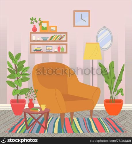 Room interior, empty home with carpet and armchair, houseplant growing in pots. Coffee table with vase and flower, shelves with books and candles. Vector illustration in flat cartoon style. Home Interior, Chair with Houseplants and Carpet