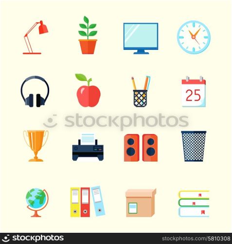 Room interior flat icons set with computer monitor award cup calendar isolated vector illustration. Room Interior Icons