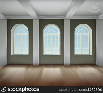Room Interior Illustration . Room With Arched Windows Background. Empty Room Interior Vector Illustration. Arched Windows Design. Room Interior Realistic Decorative Illustration.