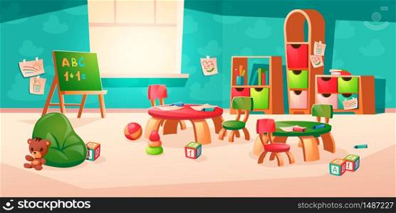 Room interior in montessori kindergarten with books on shelf, chalkboard, desk with chairs. Vector cartoon illustration of classroom with furniture, kids paintings, pencils and toys. Vector interior of room in montessori kindergarten