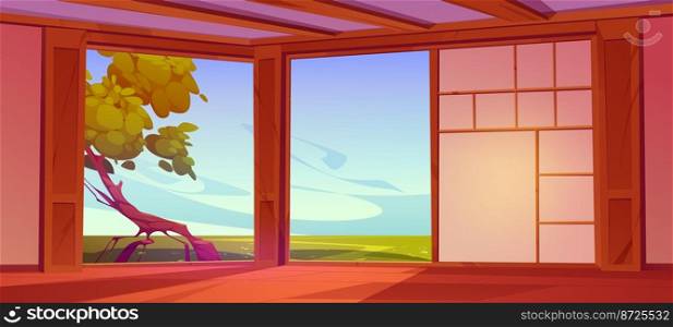 Room interior in traditional japanese house or hotel. Empty dojo or ryokan with wooden floor, paper walls and view to summer landscape with green fields and tree, vector cartoon illustration. Room interior in traditional japanese house