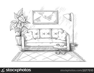 Room interior sketch. Apartment interior with sofa and floor lamp. House furniture. Hand drawn couch with soft cushions and home plant. Paintings on wall. Cozy carpet and table. Vector illustration. Room interior sketch. Apartment interior with sofa and lamp. House furniture. Hand drawn couch with cushions and home plant. Paintings on wall. Cozy carpet and table. Vector illustration