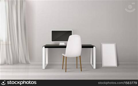 Room interior, workplace with desk, seat and computer on table. Empty office or home inner design in white colors, window with curtains and picture frame on floor. Realistic 3d vector illustration. Room interior, workplace with desk, seat and pc