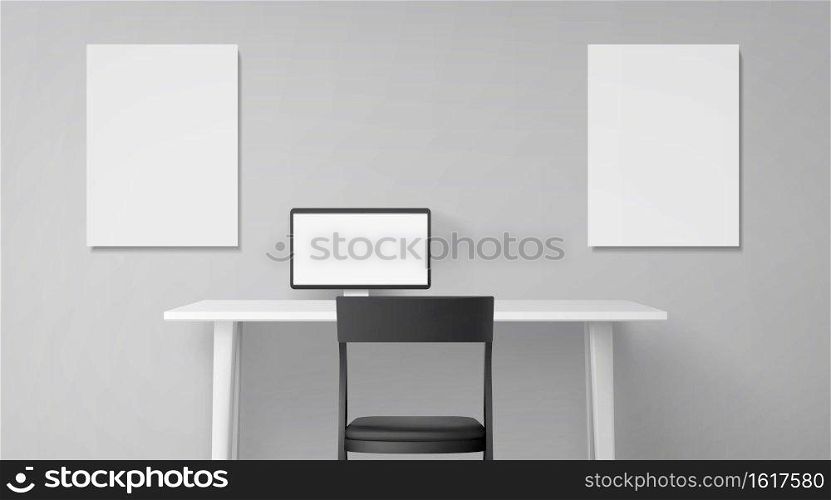 Room interior, workplace with desk, seat and computer on table. Empty office or home inner design monochrome colors, picture frames or posters mockup hanging on wall, Realistic 3d vector illustration. Room interior, workplace with desk, seat and pc