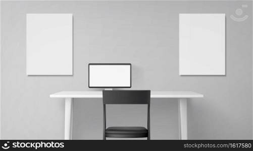 Room interior, workplace with desk, seat and computer on table. Empty office or home inner design monochrome colors, picture frames or posters mockup hanging on wall, Realistic 3d vector illustration. Room interior, workplace with desk, seat and pc