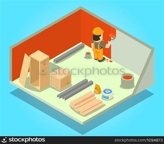 Room repair concept banner. Isometric banner of room repair vector concept for web, giftcard and postcard. Room repair concept banner, isometric style