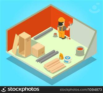 Room repair concept banner. Isometric banner of room repair vector concept for web, giftcard and postcard. Room repair concept banner, isometric style