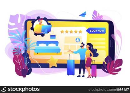 Room reservation online customer support, consultation. Virtual reception office. Internet booking, accommodation search helpline chat concept. Bright vibrant violet vector isolated illustration. Hotel booking call center concept vector illustration