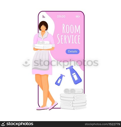 Room service cartoon smartphone vector app screen. Mobile phone display with housekeeper flat character design mockup. Apartment cleaning ordering. Hotel application telephone interface