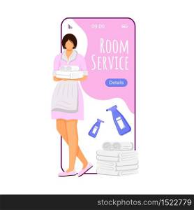 Room service cartoon smartphone vector app screen. Mobile phone display with housekeeper flat character design mockup. Apartment cleaning ordering. Hotel application telephone interface